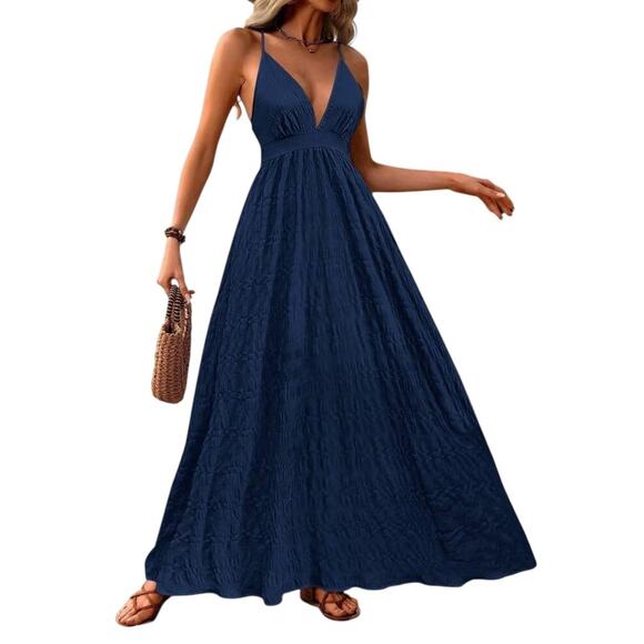 Spaghetti Strap Maxi Dress Womens Medium Blue Deep V Criss Cross Back Summer - Picture 7 of 9